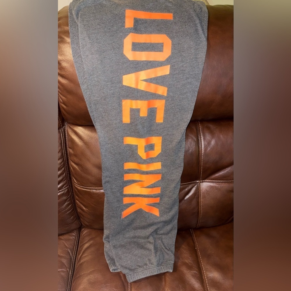 PINK Victoria's Secret Charcoal Gray/Orange Campus Fleece Sweatpants 💖 Size XS - Picture 9 of 12